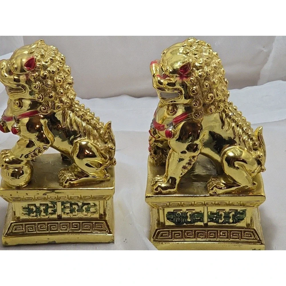 Vtg‎ Pair Chinese Guardian Foo Dogs, gold plated possibly bronze heavy 7
